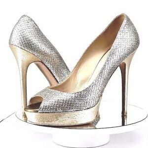 Jimmy Choo Luna Glitter Mesh Peep Toe Pumps Snake Platform Silver Gold EU 38.5